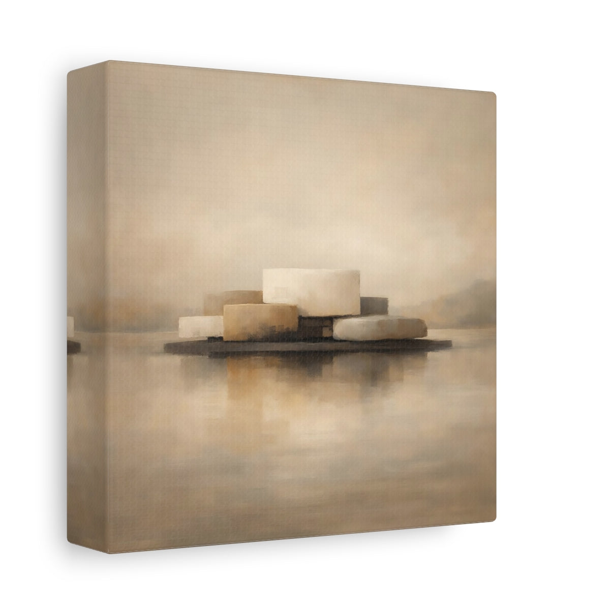 Side Mockup 1. Abstract Abstract Forms Beige And Brown shown as stretched canvas wall art