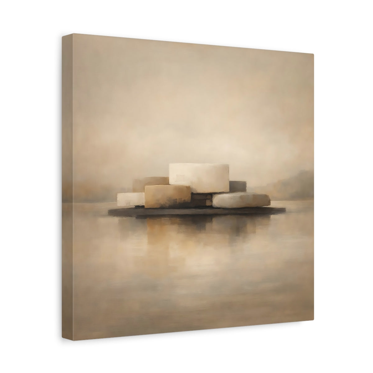 Side Mockup 7. Abstract Abstract Forms Beige And Brown shown as stretched canvas wall art