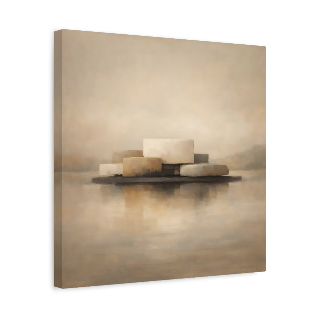 Side Mockup 6. Abstract Abstract Forms Beige And Brown shown as stretched canvas wall art
