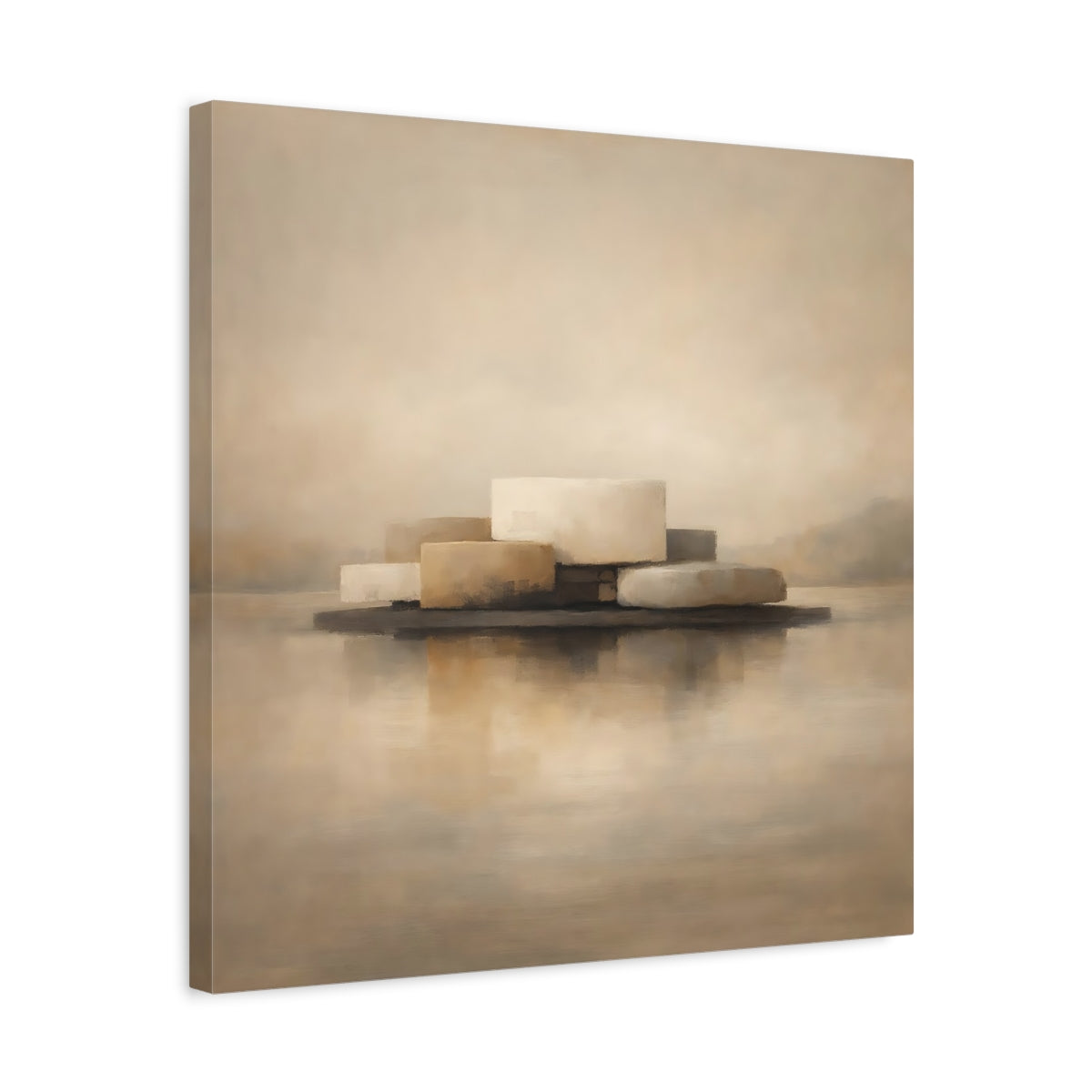 Side Mockup 5. Abstract Abstract Forms Beige And Brown shown as stretched canvas wall art