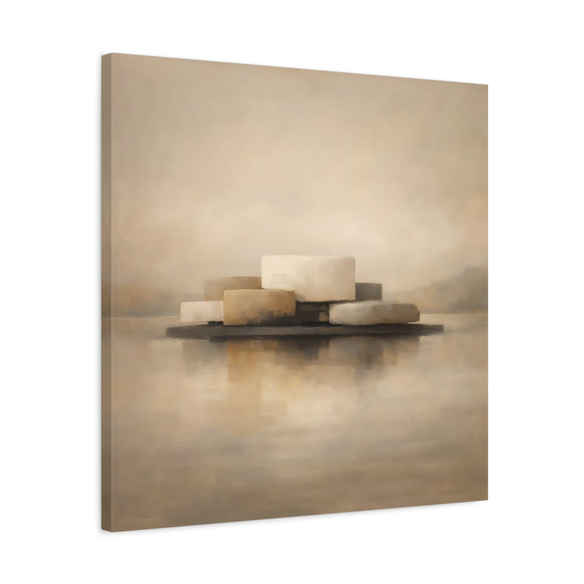 Side Mockup 4. Abstract Abstract Forms Beige And Brown shown as stretched canvas wall art