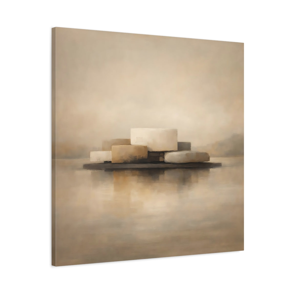 Side Mockup 3. Abstract Abstract Forms Beige And Brown shown as stretched canvas wall art