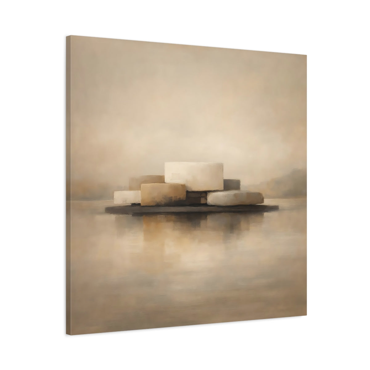 Side Mockup 2. Abstract Abstract Forms Beige And Brown shown as stretched canvas wall art