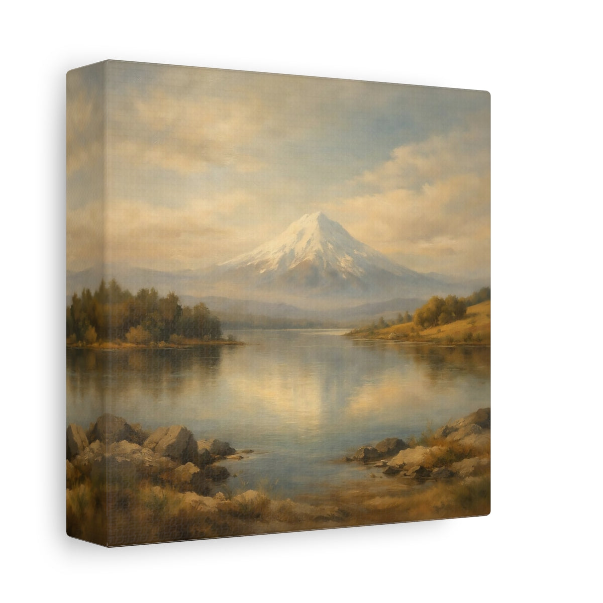 Side Mockup 1. Nature Snowy Mountain Beige Blue Mountain shown as stretched canvas wall art
