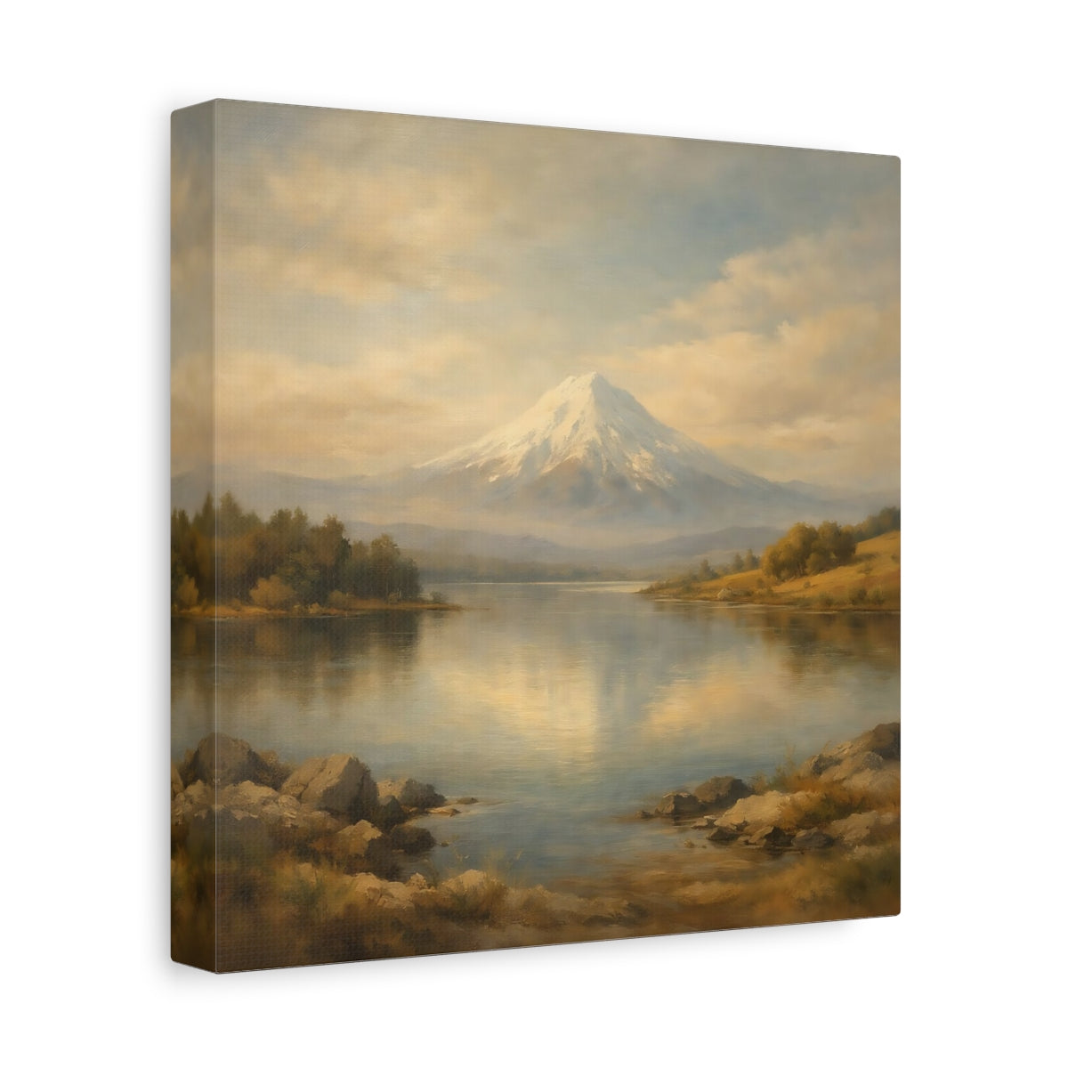 Side Mockup 9. Nature Snowy Mountain Beige Blue Mountain shown as stretched canvas wall art