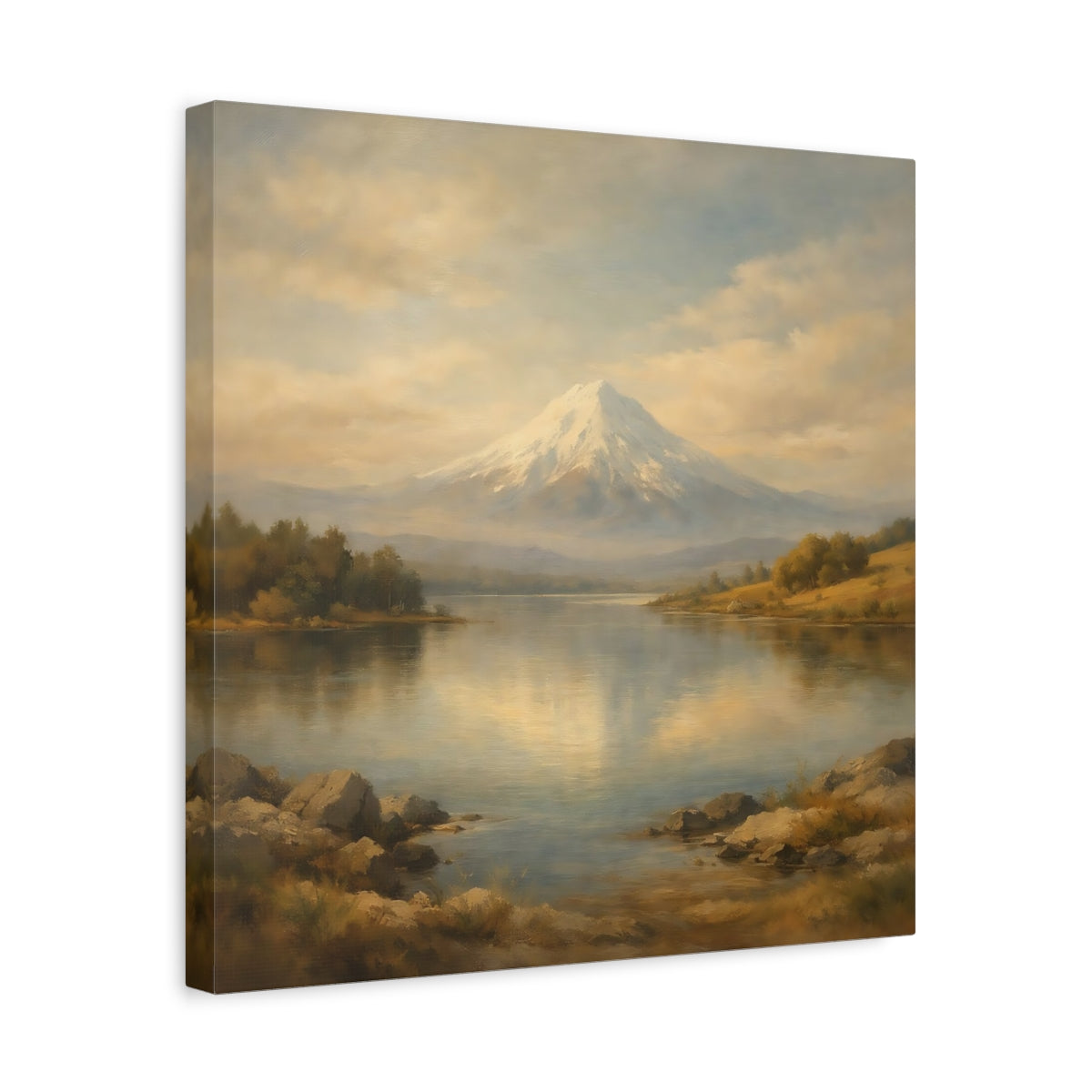 Side Mockup 6. Nature Snowy Mountain Beige Blue Mountain shown as stretched canvas wall art