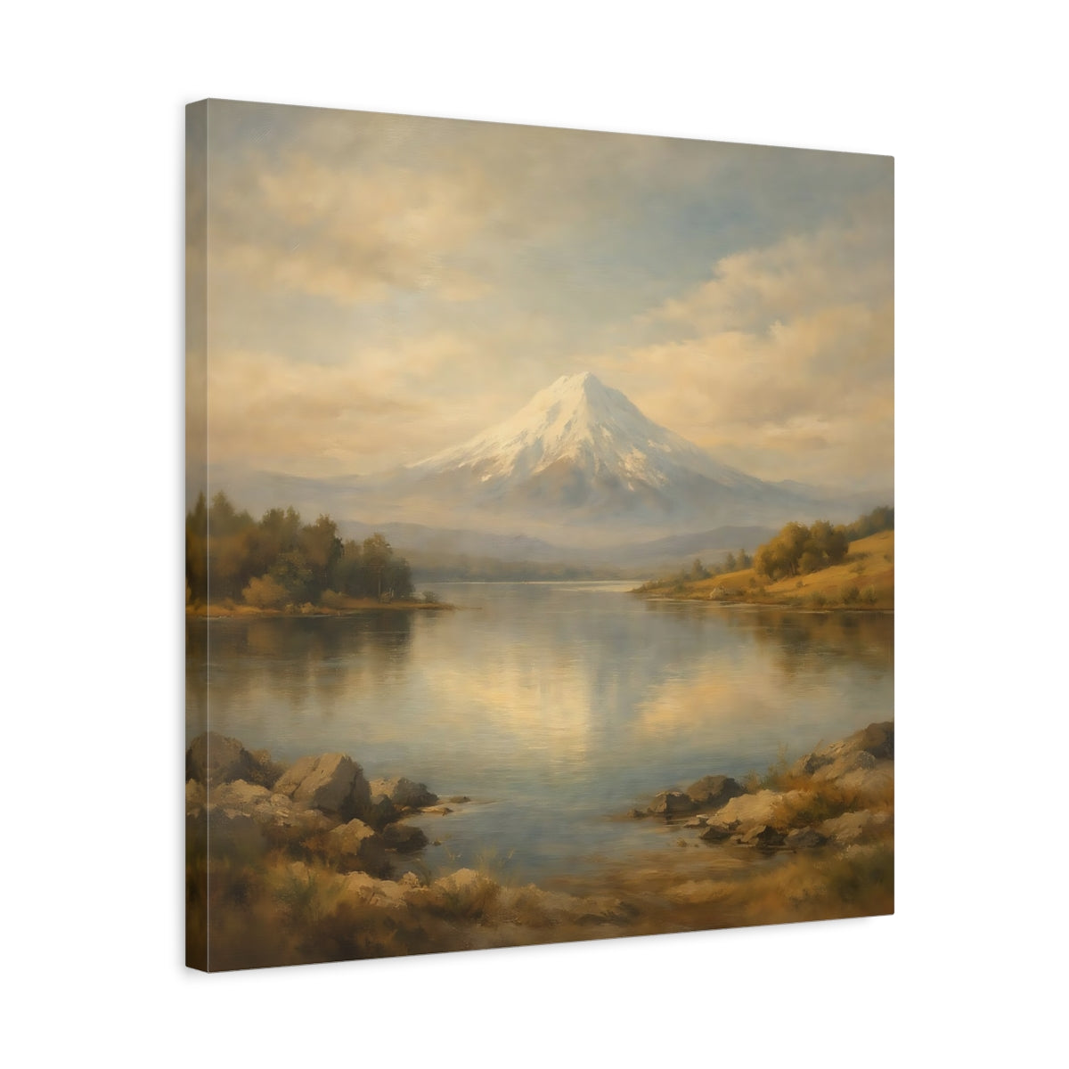 Side Mockup 5. Nature Snowy Mountain Beige Blue Mountain shown as stretched canvas wall art