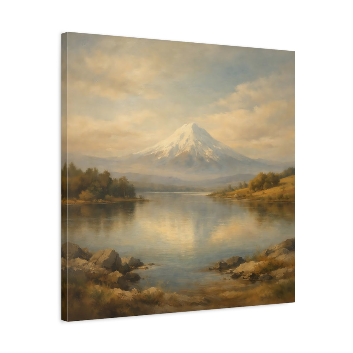 Side Mockup 4. Nature Snowy Mountain Beige Blue Mountain shown as stretched canvas wall art
