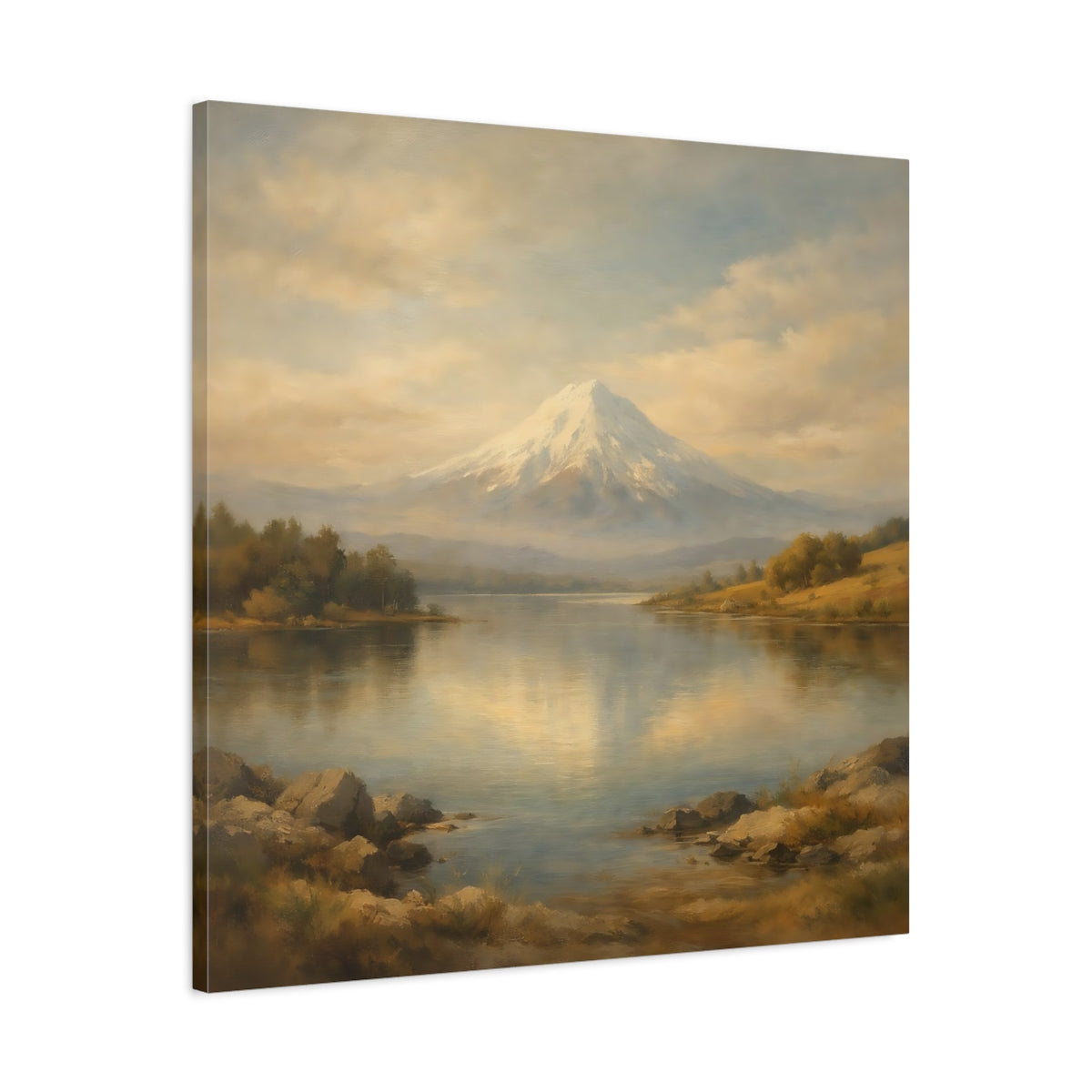 Side Mockup 3. Nature Snowy Mountain Beige Blue Mountain shown as stretched canvas wall art