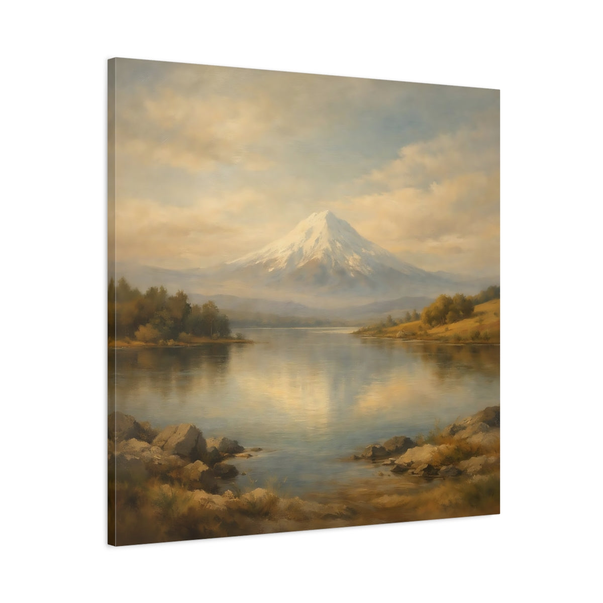 Side Mockup 2. Nature Snowy Mountain Beige Blue Mountain shown as stretched canvas wall art