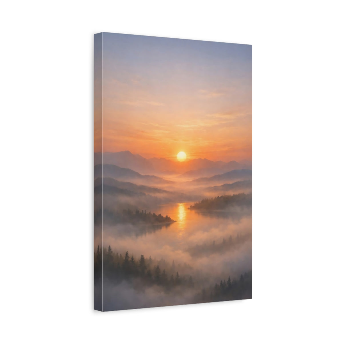 Side Mockup 4. Nature Sunrise Lake Orange Sunrise Landscape shown as stretched canvas wall art