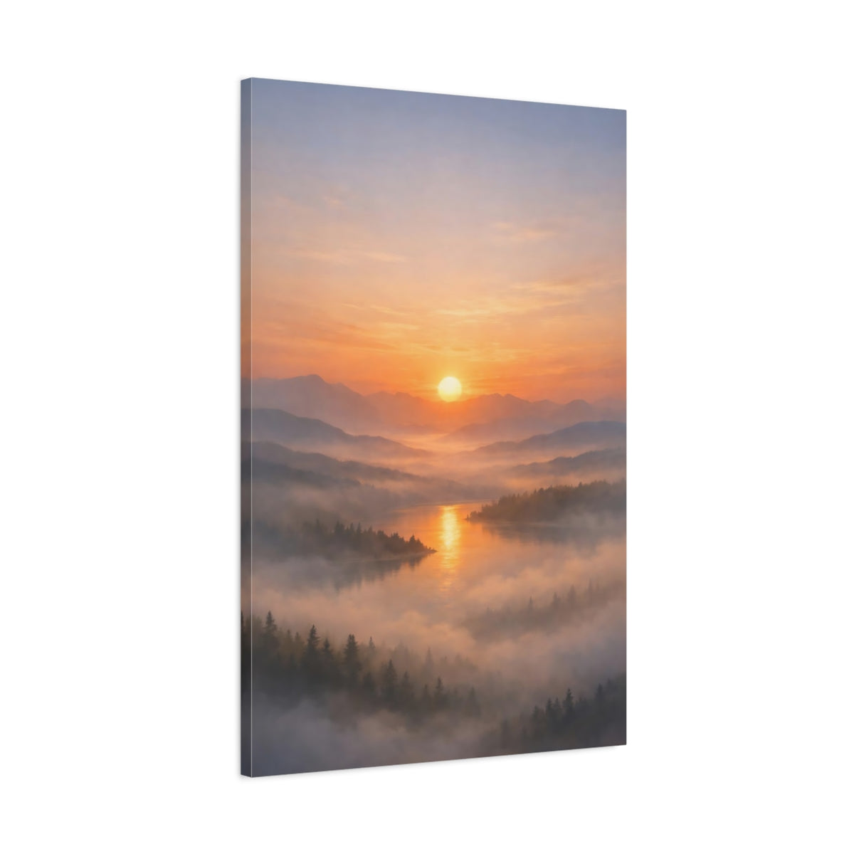 Side Mockup 1. Nature Sunrise Lake Orange Sunrise Landscape shown as stretched canvas wall art
