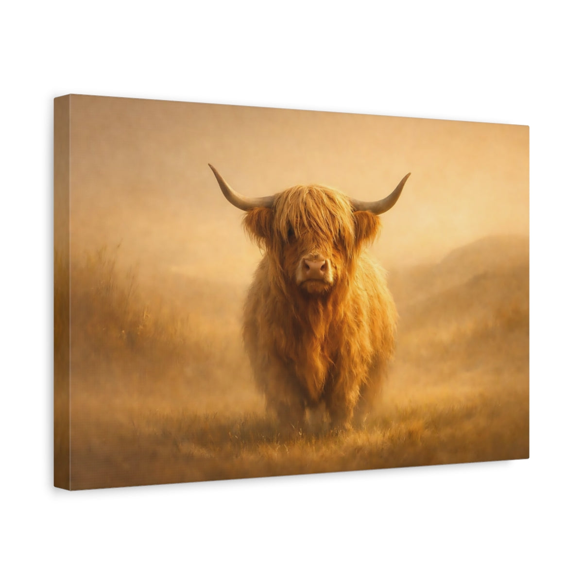 Side Mockup 4. Golden Glow Highland Cow shown as stretched canvas wall art