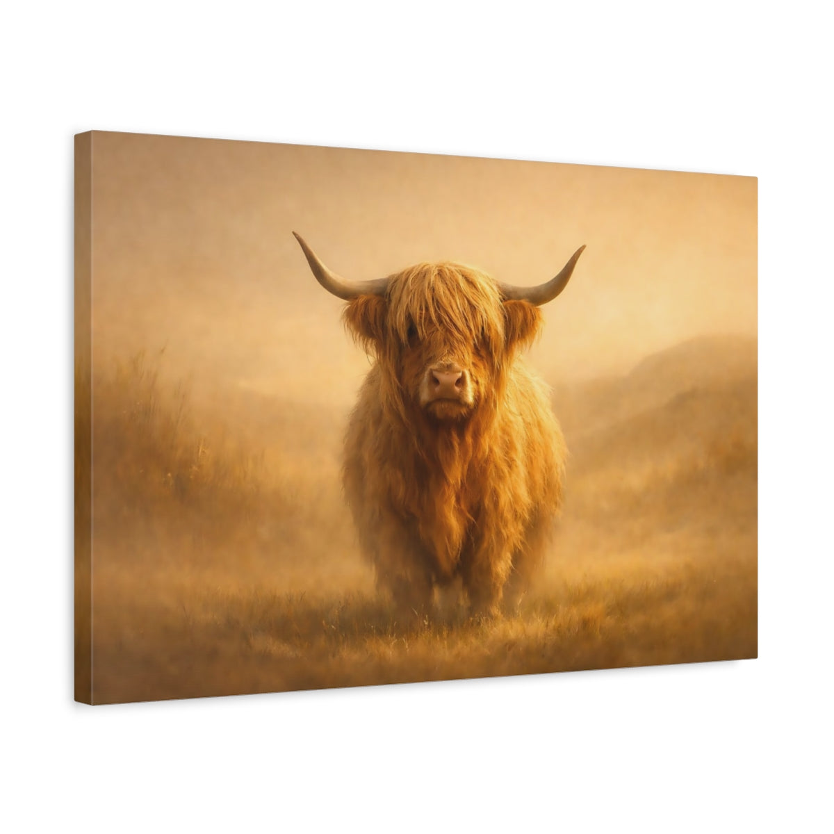Side Mockup 3. Golden Glow Highland Cow shown as stretched canvas wall art