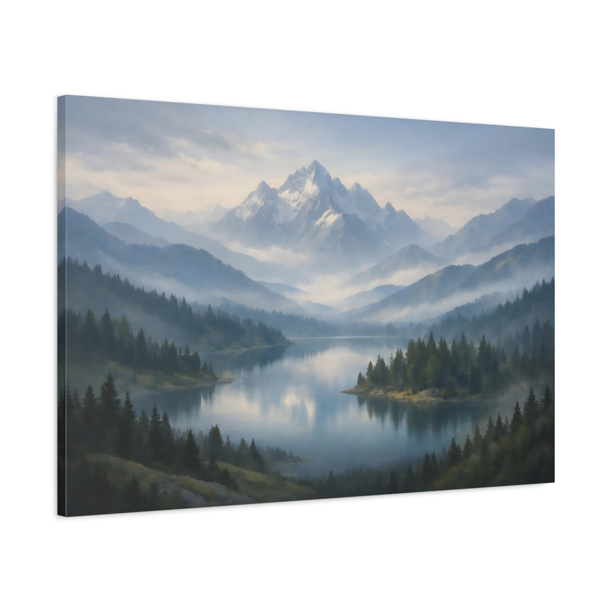 Contemporary Misty Mountains Lake Nature - Canvas Wall Art Print