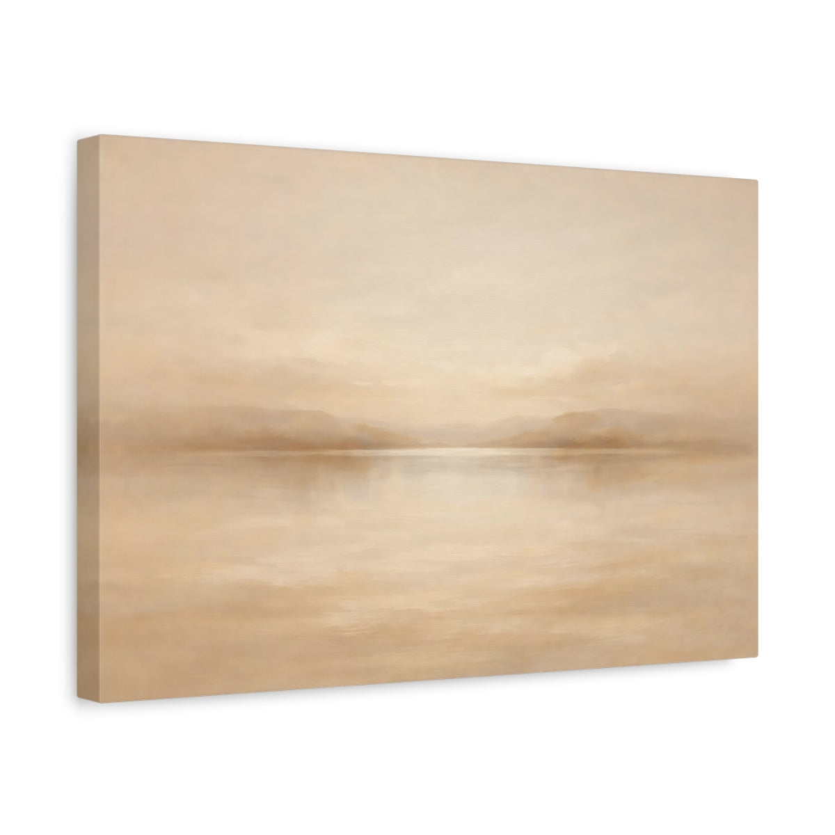 Side Mockup 4. Nature Misty Lake Beige And Tan shown as stretched canvas wall art