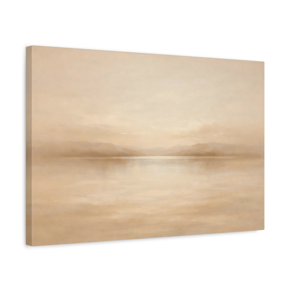 Side Mockup 3. Nature Misty Lake Beige And Tan shown as stretched canvas wall art