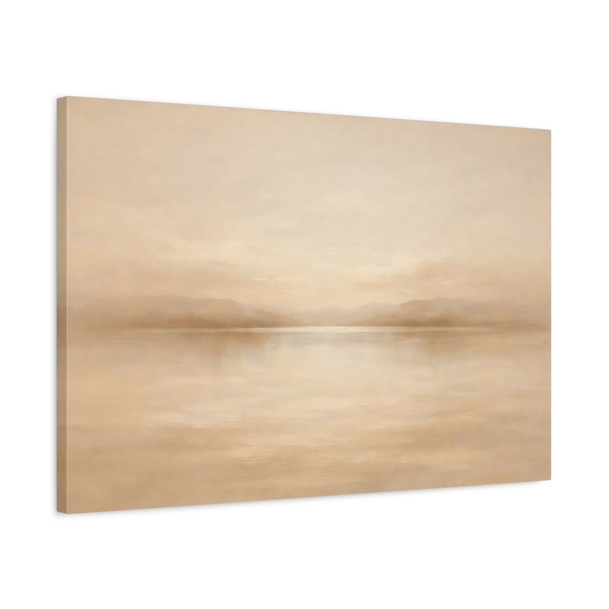 Side Mockup 2. Nature Misty Lake Beige And Tan shown as stretched canvas wall art