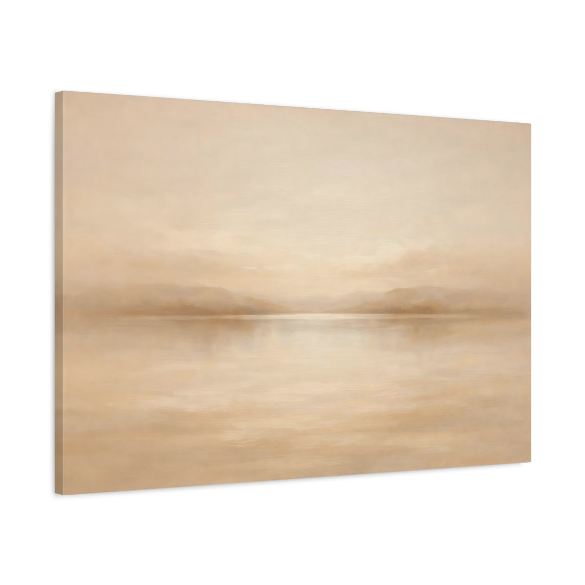 Side Mockup 1. Nature Misty Lake Beige And Tan shown as stretched canvas wall art