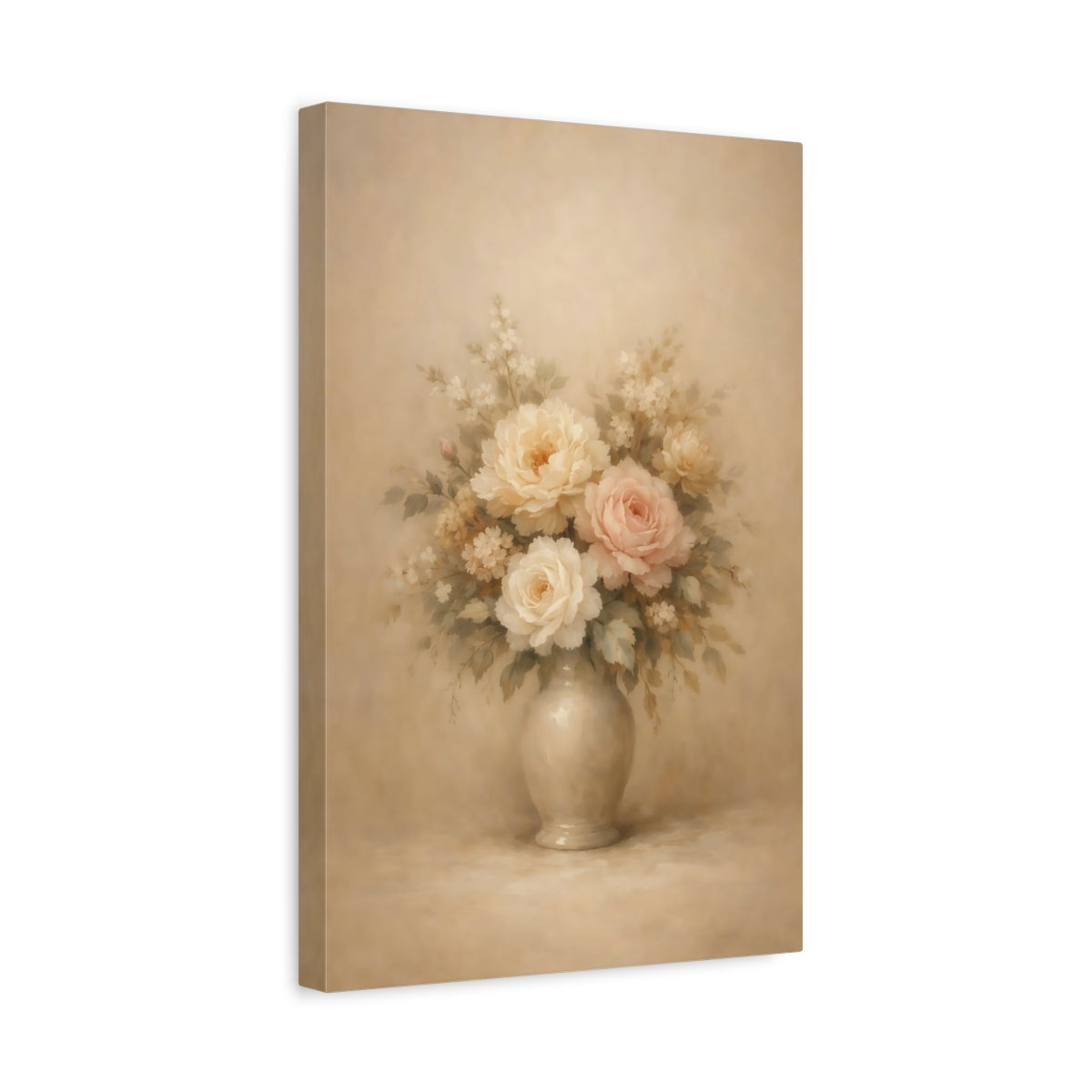 Side Mockup 4. Floral Floral Bouquet Vintage Pastel Floral shown as stretched canvas wall art