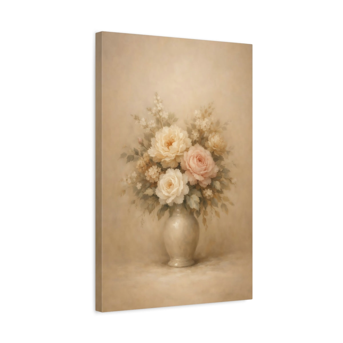Side Mockup 3. Floral Floral Bouquet Vintage Pastel Floral shown as stretched canvas wall art