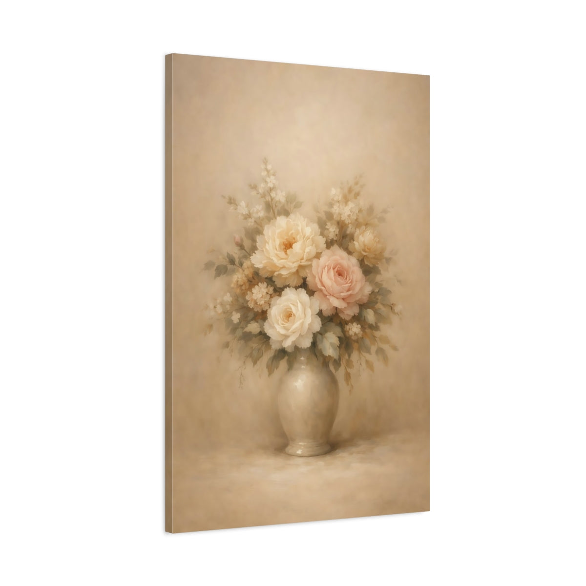 Side Mockup 1. Floral Floral Bouquet Vintage Pastel Floral shown as stretched canvas wall art