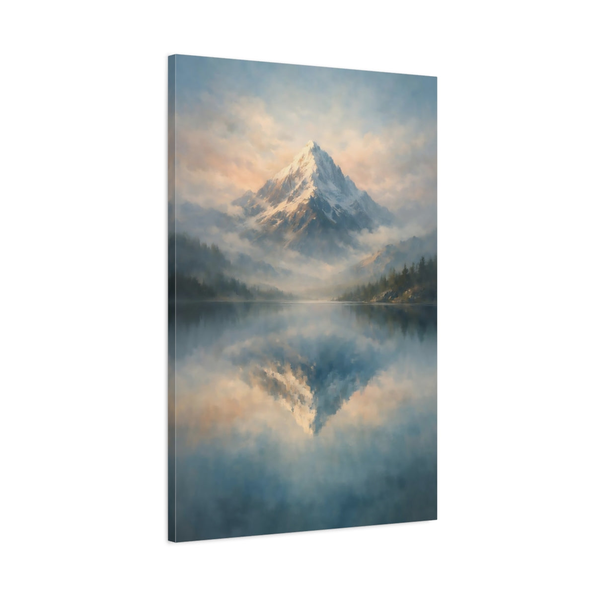 Side Mockup 1. Nature Snowy Mountain Blue And Gold Mountain shown as stretched canvas wall art