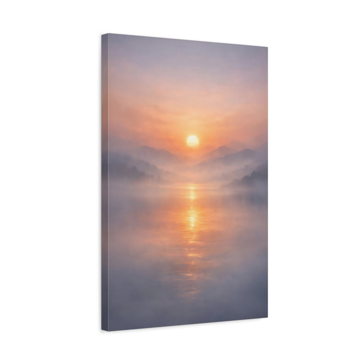Side Mockup 3. Nature Sunrise Misty Sunset shown as stretched canvas wall art