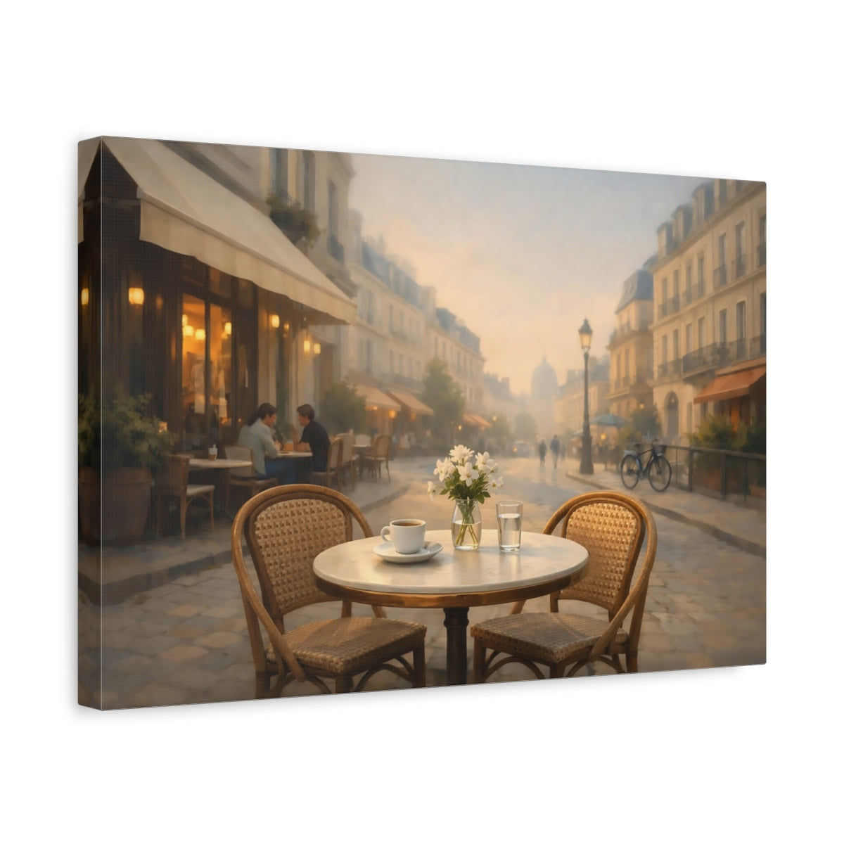 Side Mockup 4. Contemporary European Cafe Street shown as stretched canvas wall art