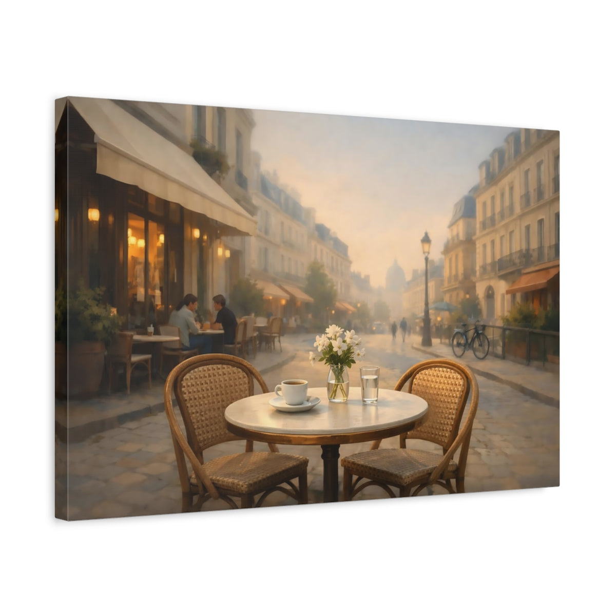 Side Mockup 3. Contemporary European Cafe Street shown as stretched canvas wall art