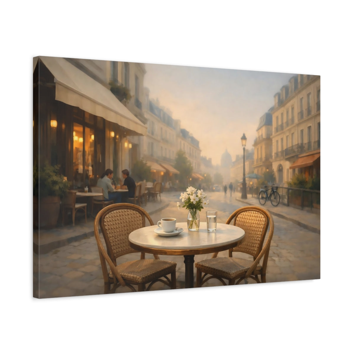 Side Mockup 2. Contemporary European Cafe Street shown as stretched canvas wall art