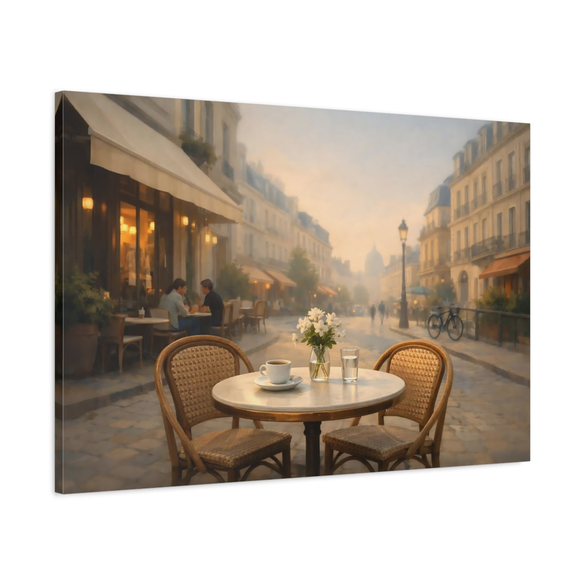 Side Mockup 1. Contemporary European Cafe Street shown as stretched canvas wall art