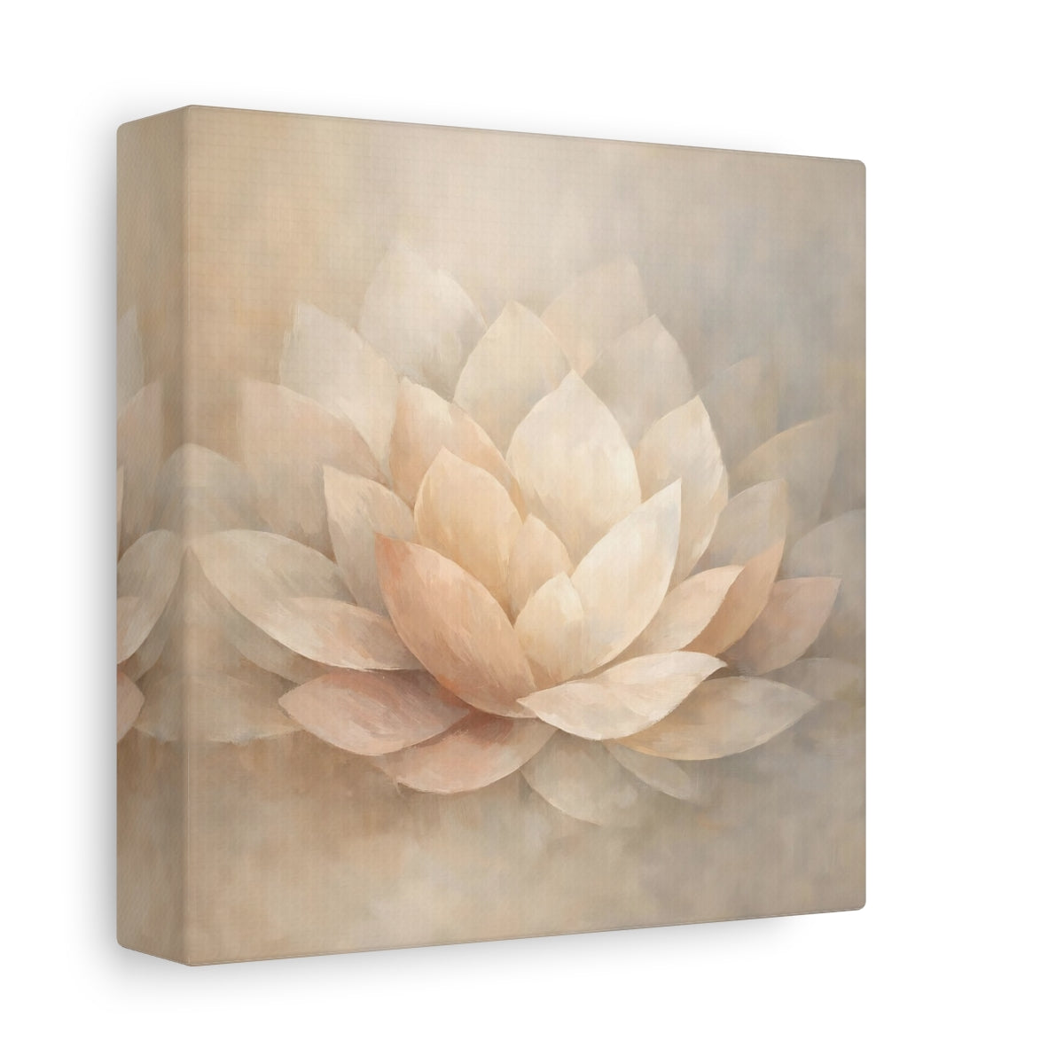 Side Mockup 1. Floral Lotus Flower Cream And Beige shown as stretched canvas wall art
