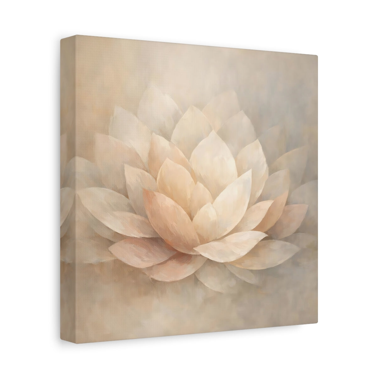 Side Mockup 9. Floral Lotus Flower Cream And Beige shown as stretched canvas wall art