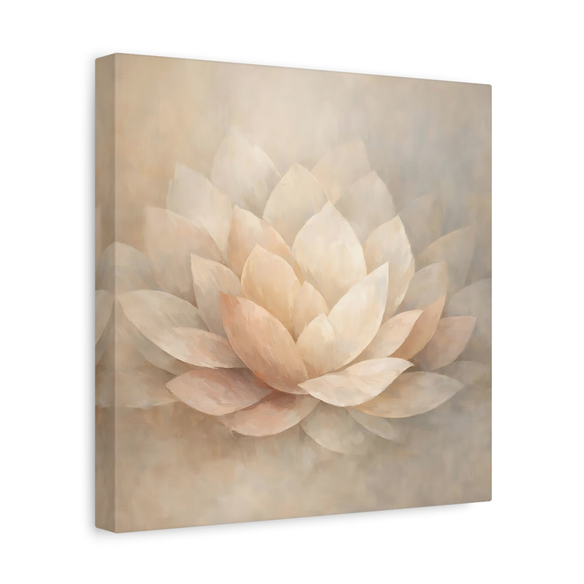 Side Mockup 8. Floral Lotus Flower Cream And Beige shown as stretched canvas wall art
