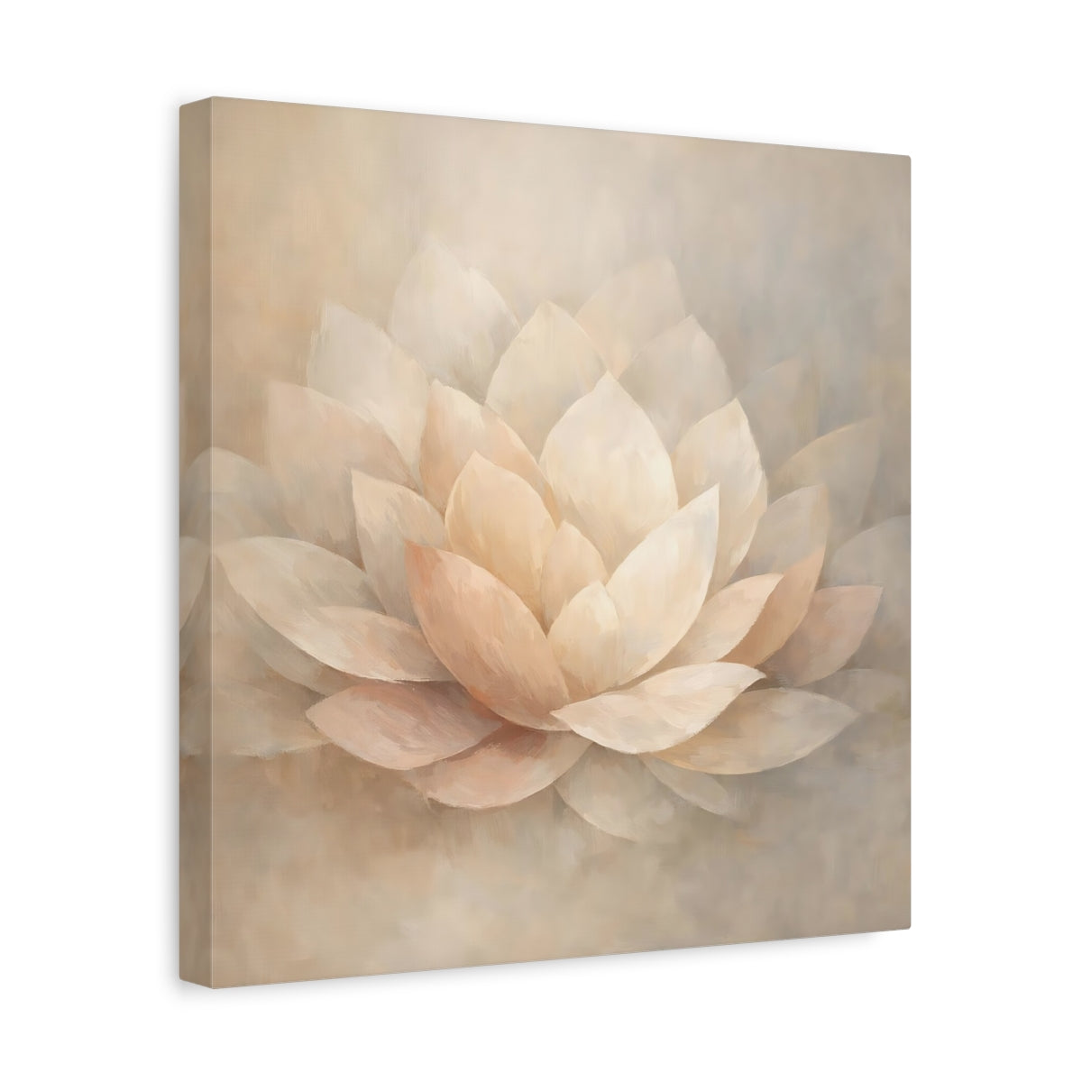 Side Mockup 7. Floral Lotus Flower Cream And Beige shown as stretched canvas wall art