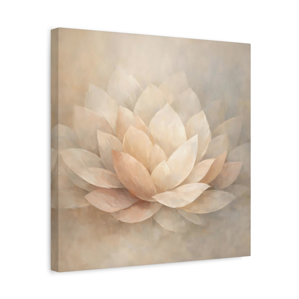 Side Mockup 6. Floral Lotus Flower Cream And Beige shown as stretched canvas wall art