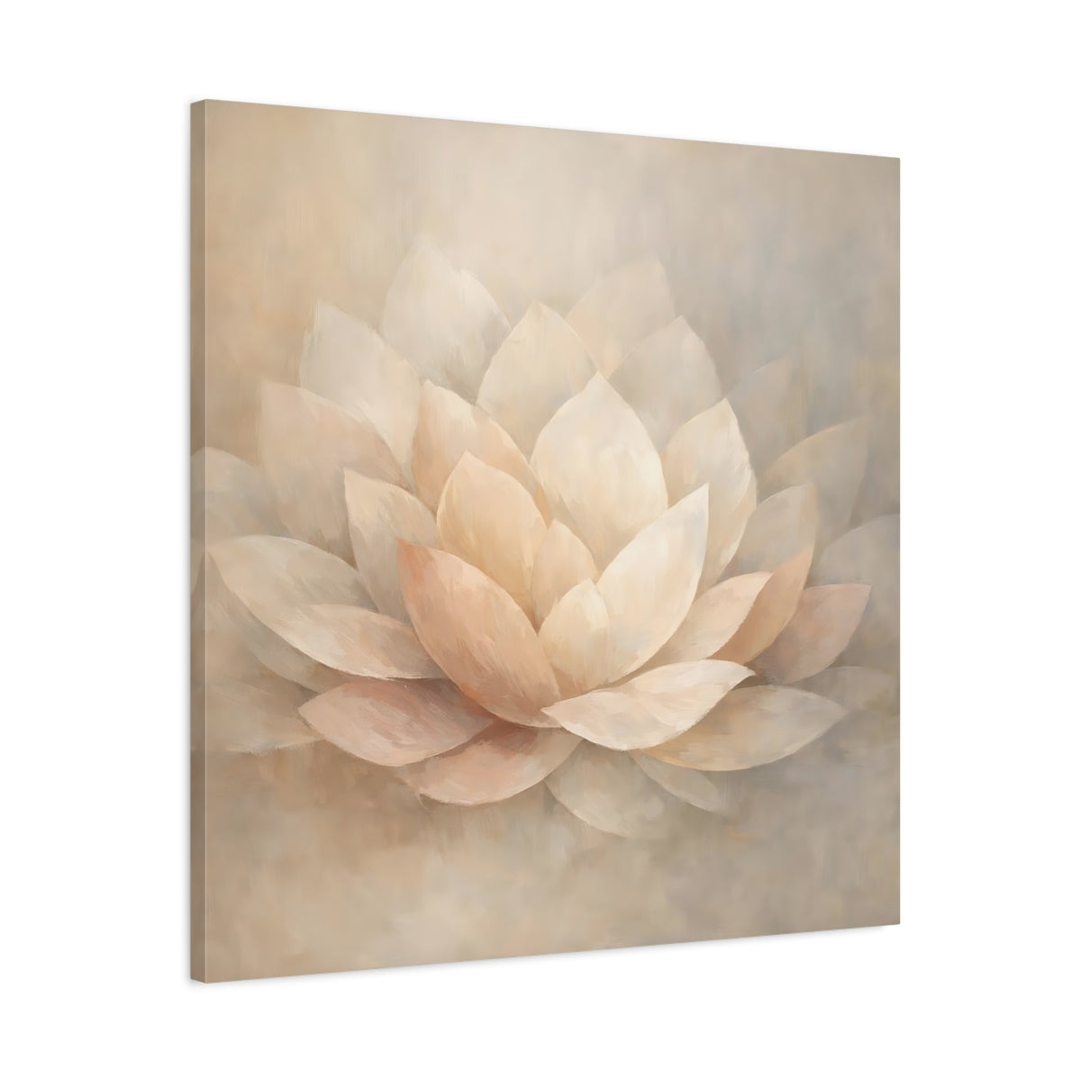 Side Mockup 3. Floral Lotus Flower Cream And Beige shown as stretched canvas wall art