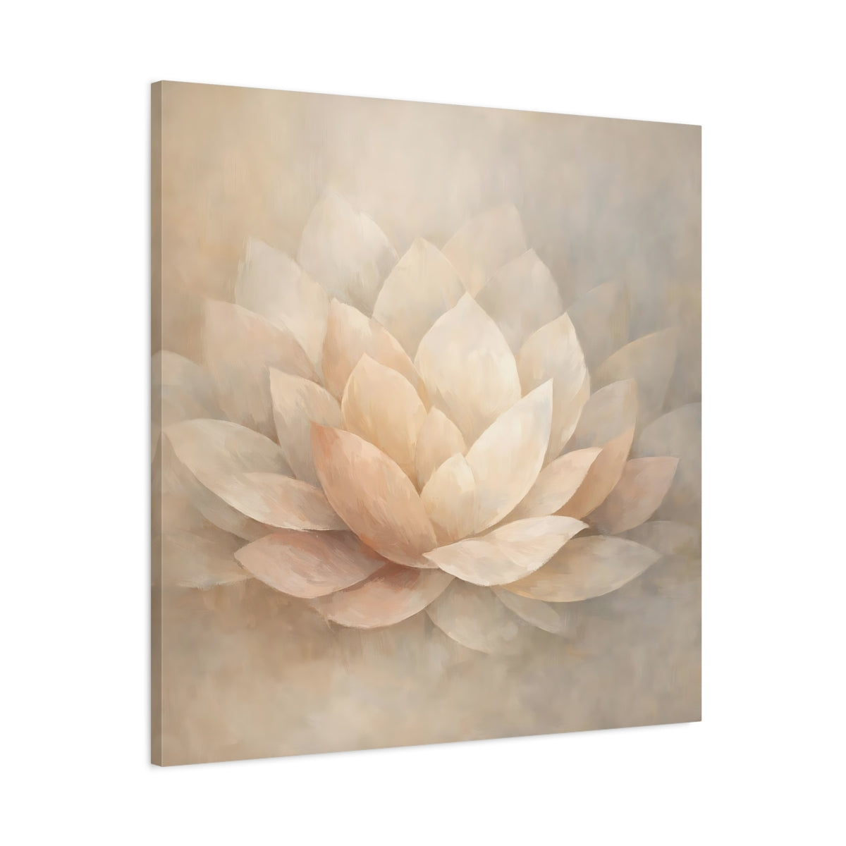 Side Mockup 2. Floral Lotus Flower Cream And Beige shown as stretched canvas wall art