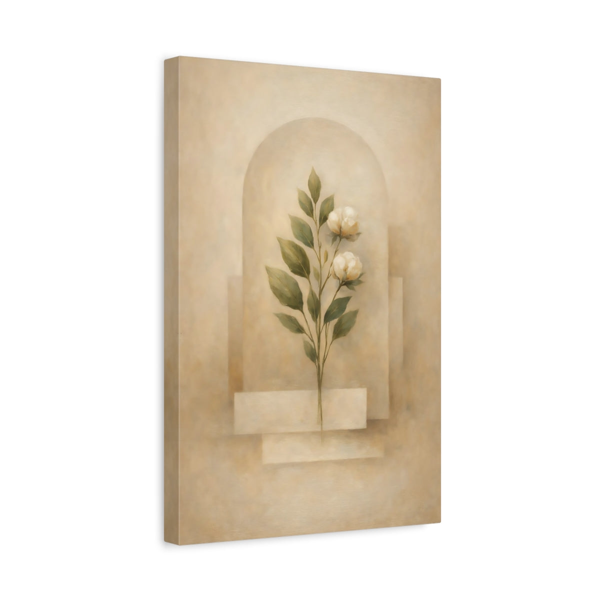 Side Mockup 4. Floral White Flowers Beige Floral shown as stretched canvas wall art