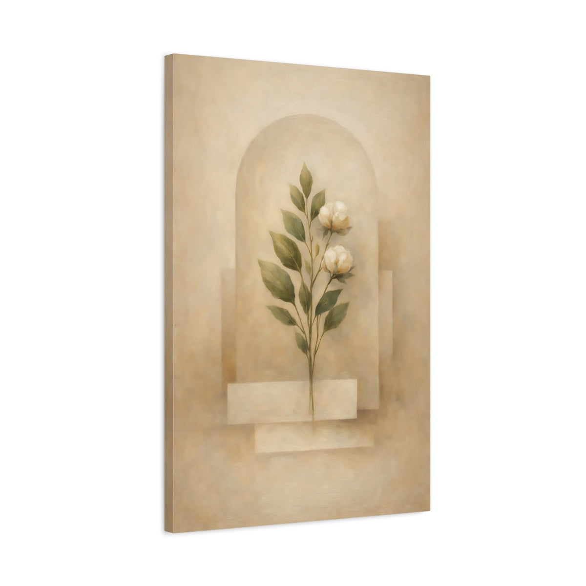 Side Mockup 2. Floral White Flowers Beige Floral shown as stretched canvas wall art