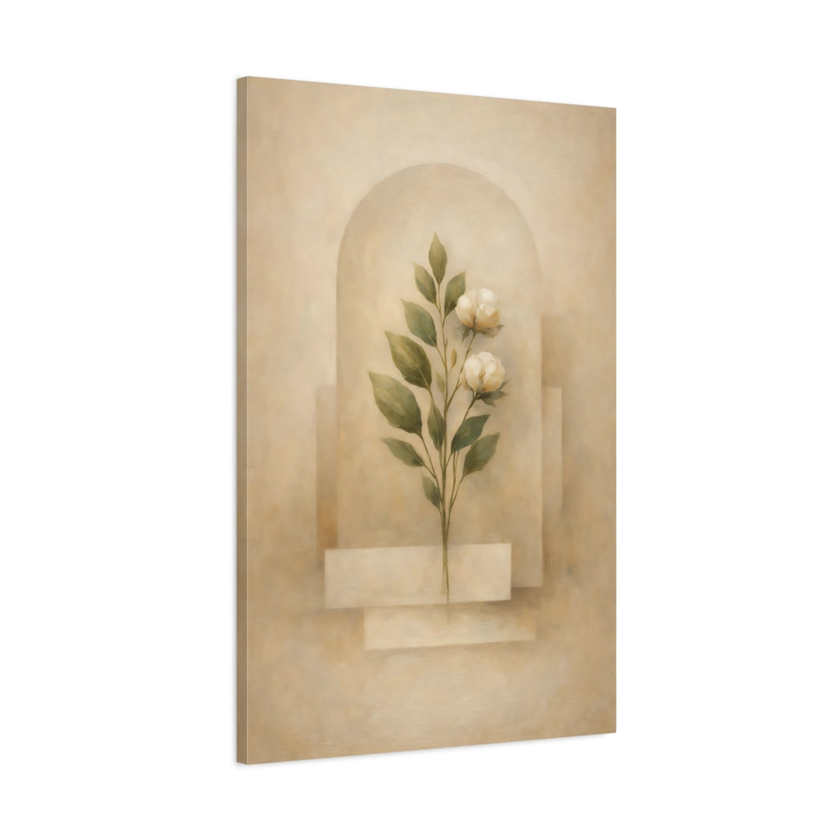 Side Mockup 1. Floral White Flowers Beige Floral shown as stretched canvas wall art