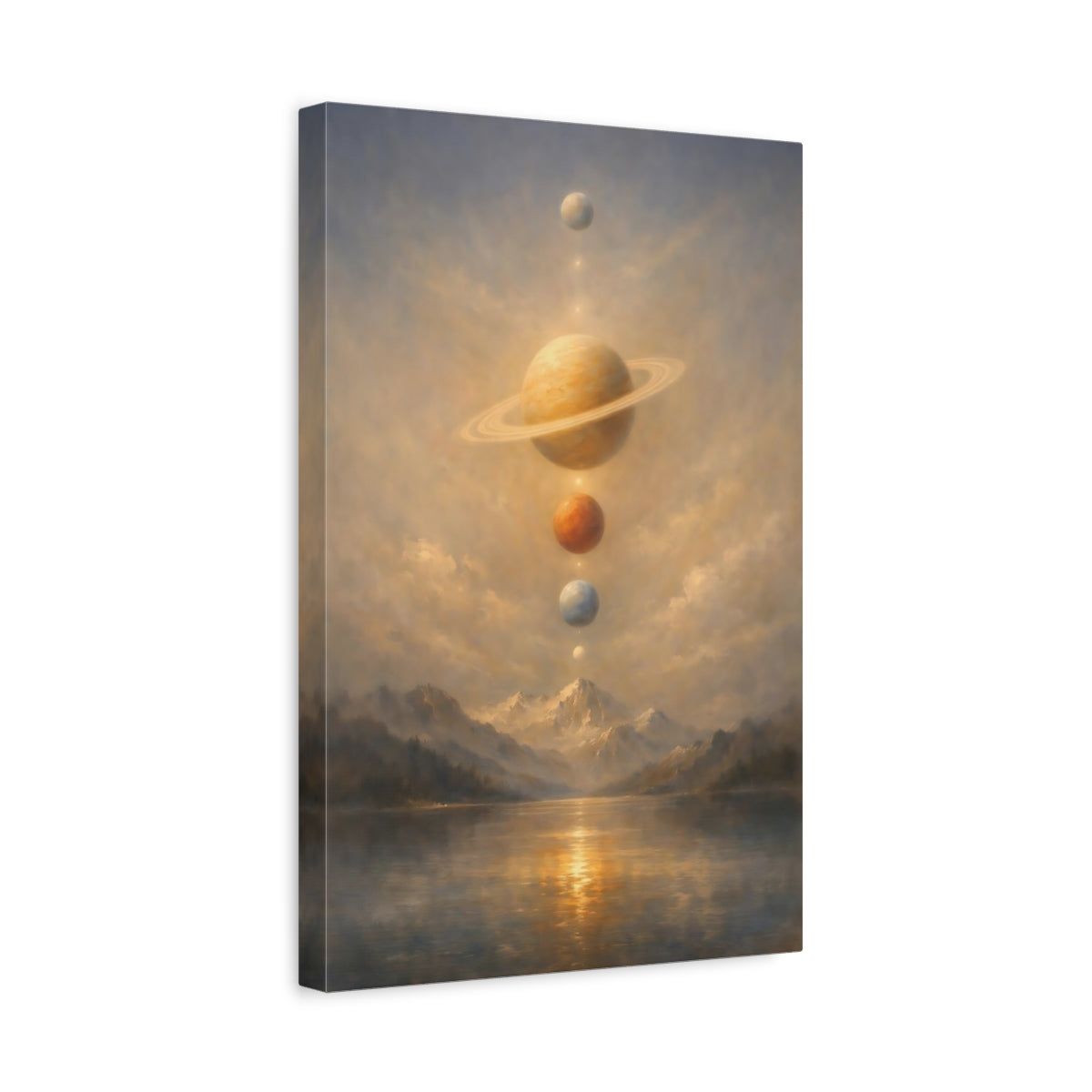 Side Mockup 4. Science Fiction Planets Cosmic Landscape shown as stretched canvas wall art