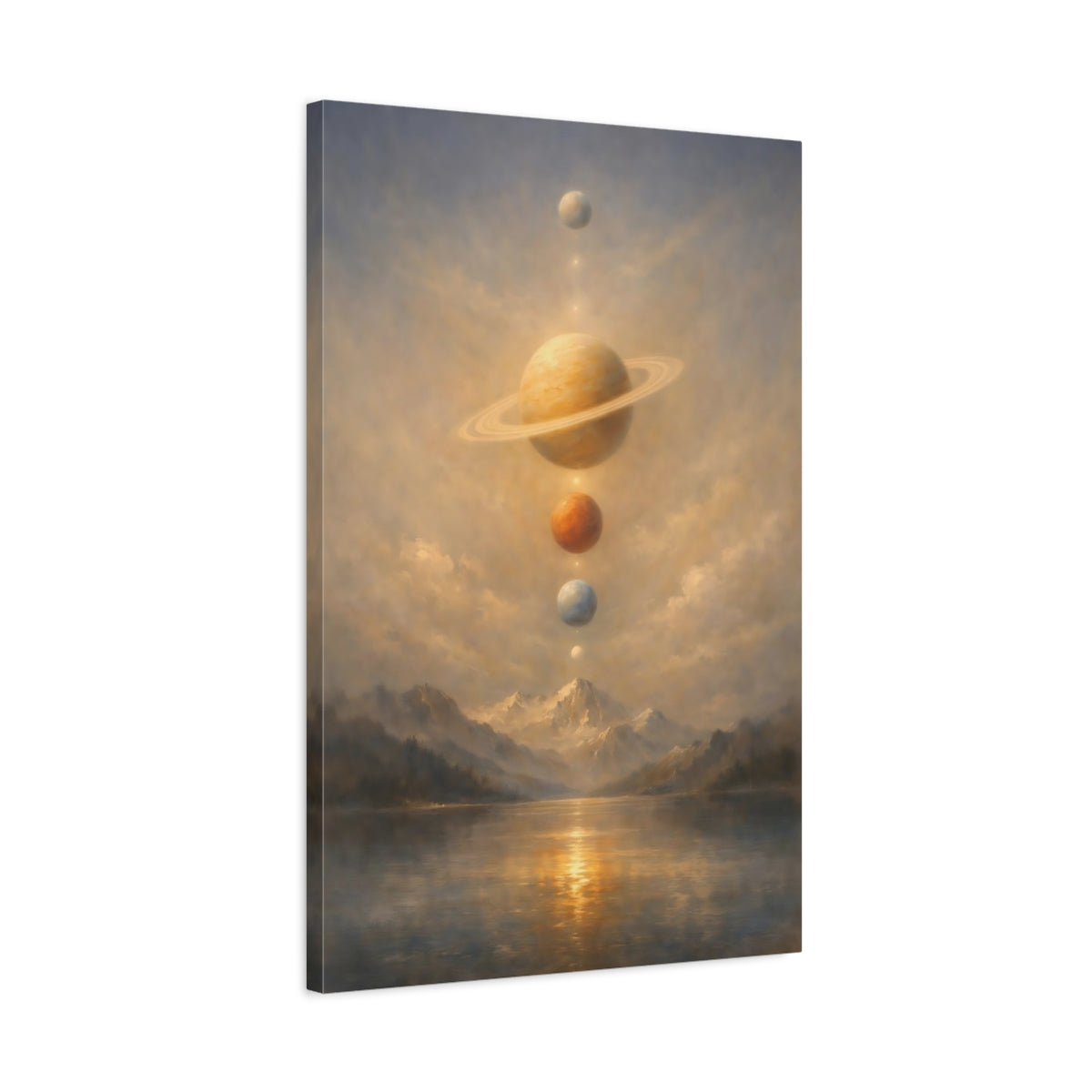 Side Mockup 2. Science Fiction Planets Cosmic Landscape shown as stretched canvas wall art