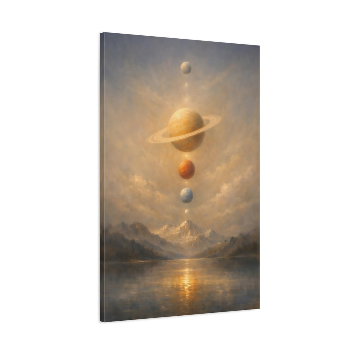 Side Mockup 1. Science Fiction Planets Cosmic Landscape shown as stretched canvas wall art