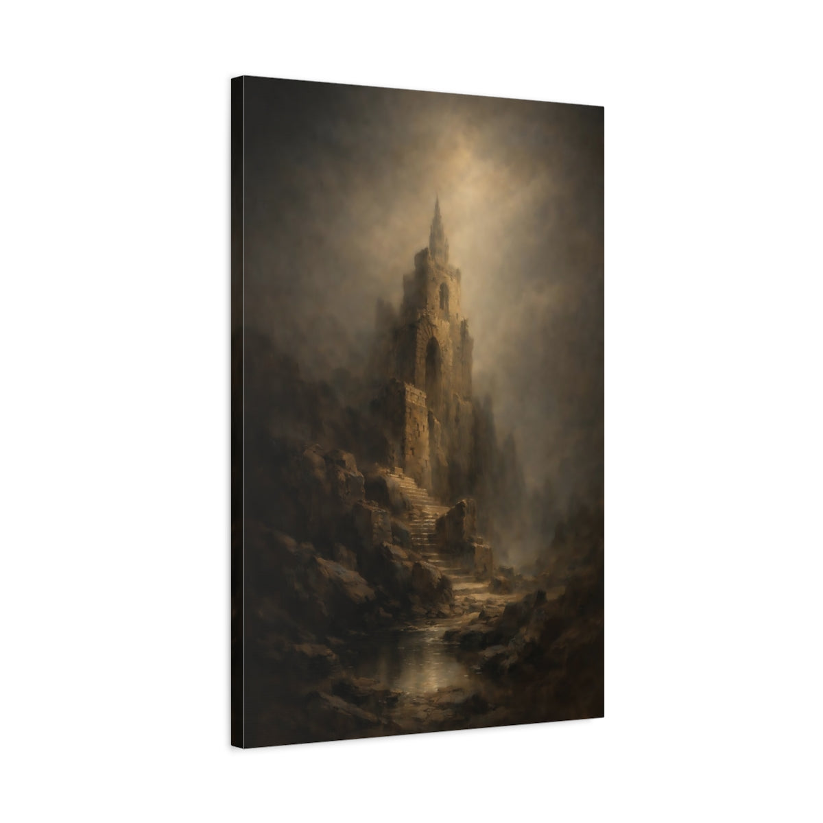 Side Mockup 2. Horror Ancient Tower Brown And Gray Landscape shown as stretched canvas wall art