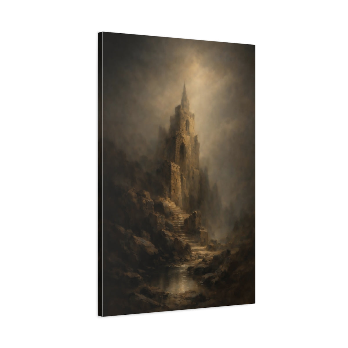 Side Mockup 1. Horror Ancient Tower Brown And Gray Landscape shown as stretched canvas wall art