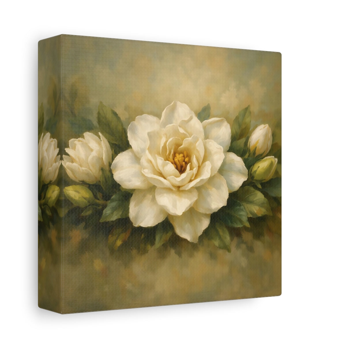 Side Mockup 1. Floral Gardenia White Gardenia shown as stretched canvas wall art