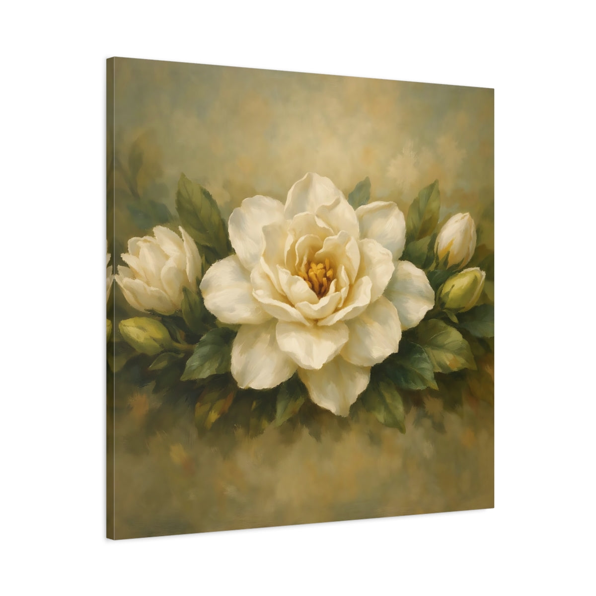 Side Mockup 2. Floral Gardenia White Gardenia shown as stretched canvas wall art
