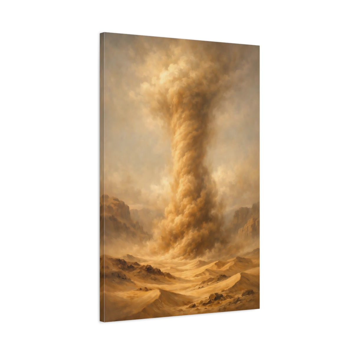 Side Mockup 1. Nature Sandstorm Brown Gold Landscape shown as stretched canvas wall art